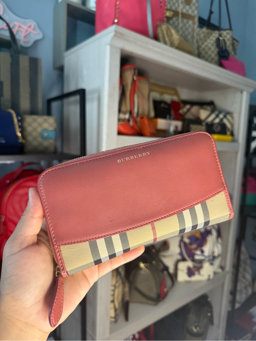 Burberry Pink Leather & Vintage Check Zip Wallet